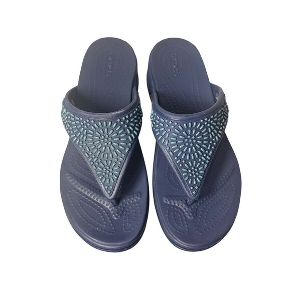 Crocs Monterey Womens Navy Wedge Embellished Thong Sandals Comfort Size 8 - Picture 2 of 16